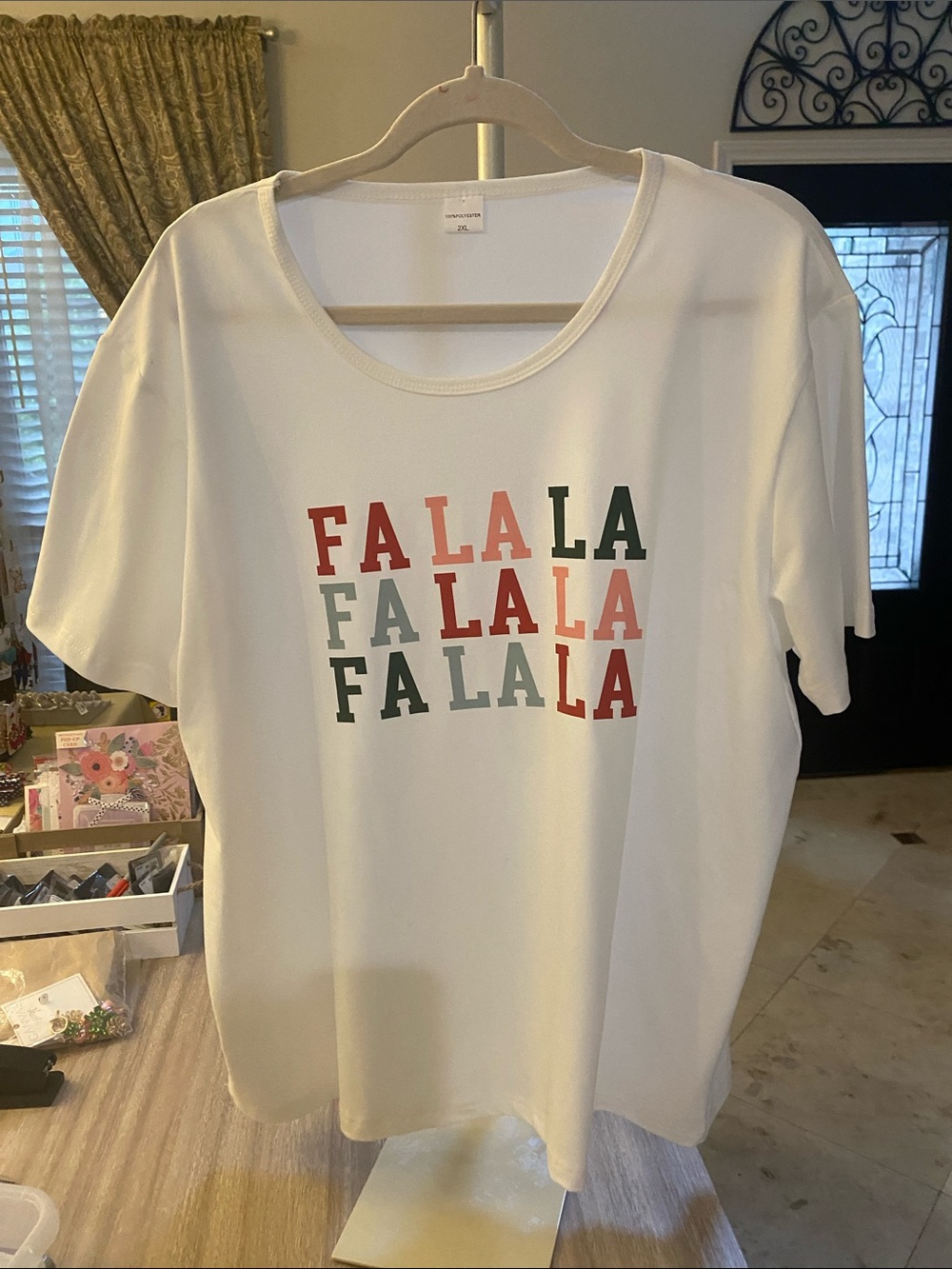 Women’s White Short Sleeve Tee with Multicolor 'FA LA LA' Print